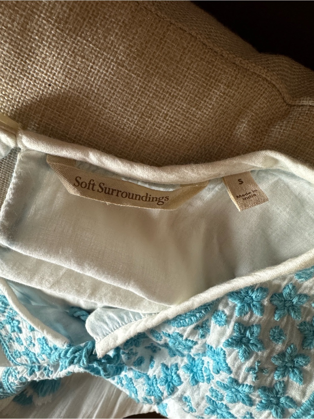 Soft Surroundings Juniper white gauze dress with aqua embroidery Size Small - Picture 15 of 16